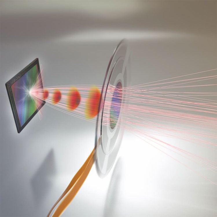 The adaptive metalens focuses light rays onto an image sensor. An electrical signal controls the shape of the metalens to produce the desired optical wavefronts (shown in red), resulting in better images. Harvard University/SEAS.