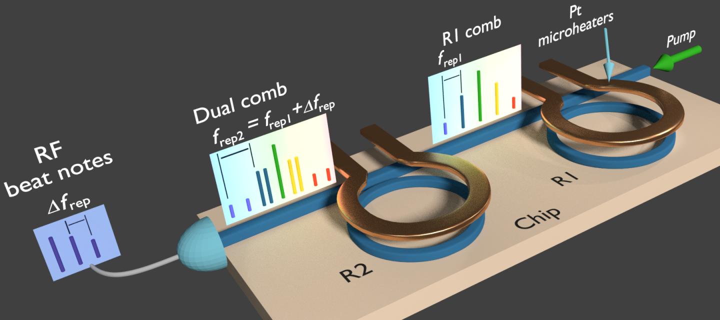 Dual frequency comb generated on a single chip using a single laser, Columbia University School of Engineering and Applied Science.