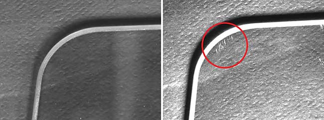 Because UV light tends to be absorbed at the surface of materials, minute scratches can be detected (right) that would normally be difficult to visualize with visible light (left). 