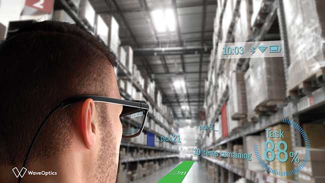 This illustrated view shows how a user of AR smart glasses would see useful information overlaid on the scene of a warehouse.