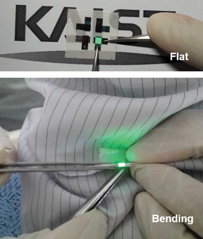 Photographs of fabric-based OLEDs, flat and bending.