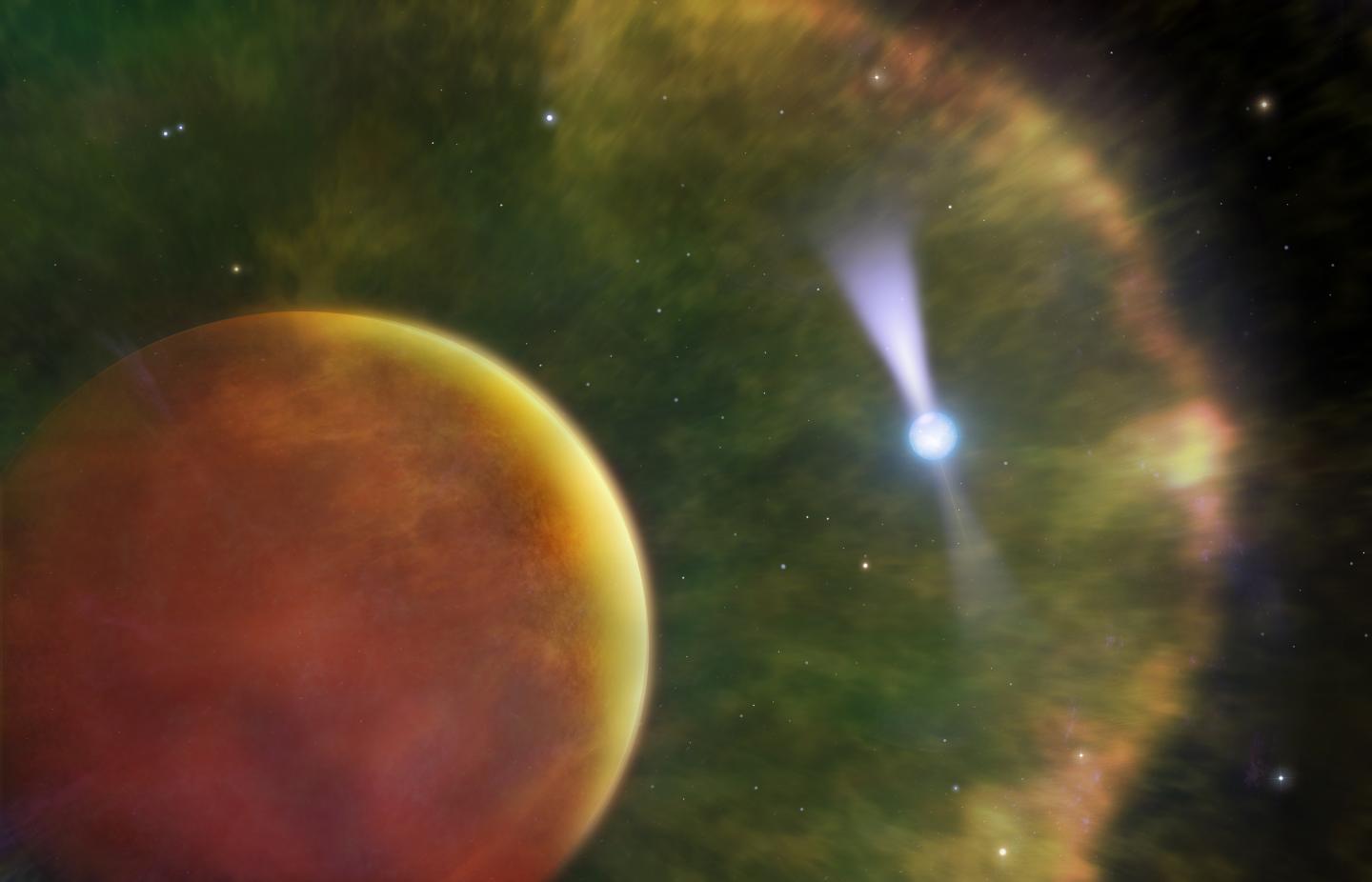 The pulsar PSR B1957+20 is seen in the background through the cloud of gas enveloping its brown dwarf star companion. Courtesy of Dr. Mark A. Garlick; Dunlap Institute for Astronomy & Astrophysics, University of Toronto.