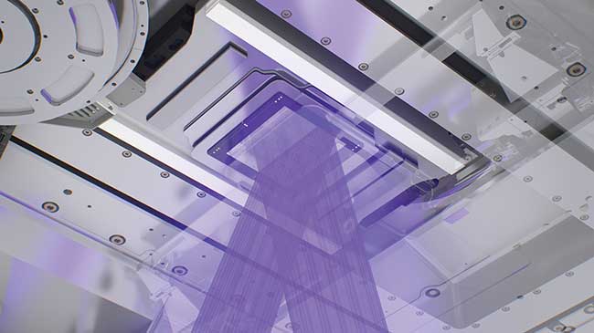 A reflecting mask (reticle) contains the blueprint of the chip pattern that will be exposed onto the silicon wafer.
