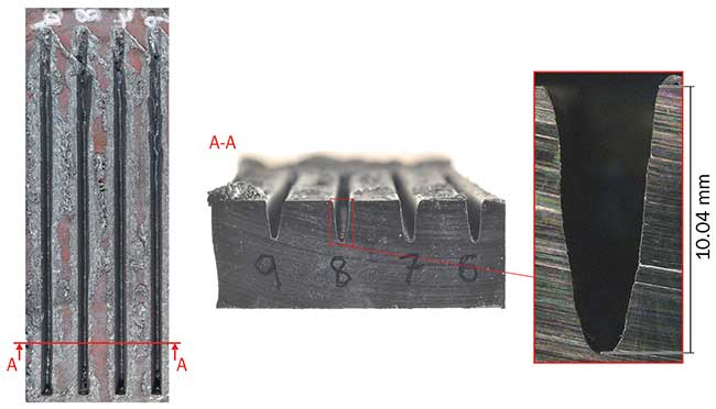 Steel sheets 25 mm thick with laser-ablated notches.