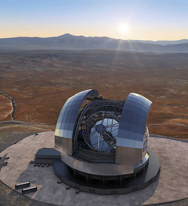 A rendering of the completed European ELT, which is being built on a site in Chile and will see first light in 2024.