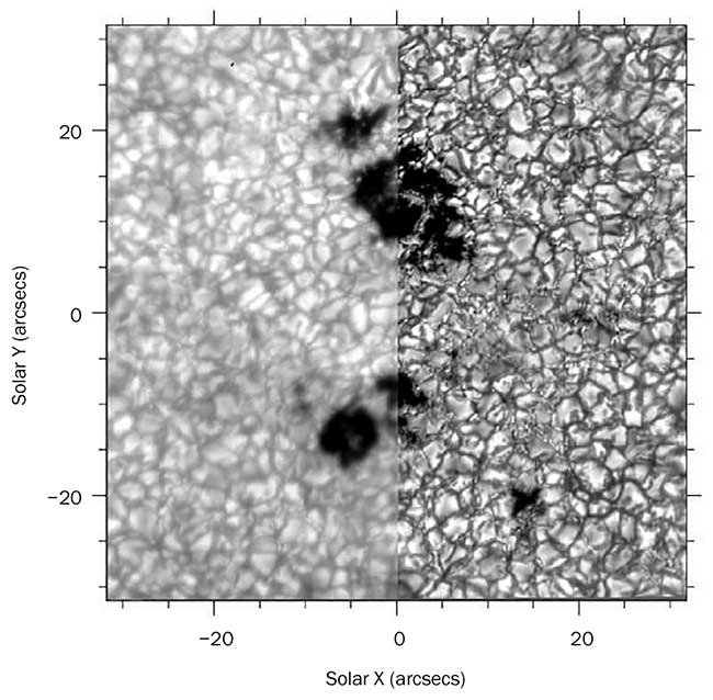 A solar image before (left) and after (right) speckle reconstruction