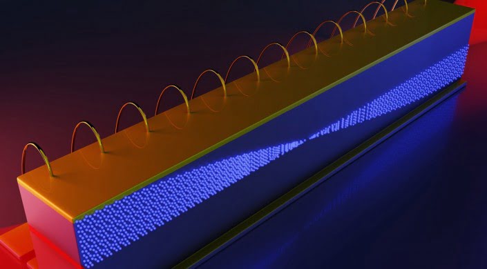 Inside an infrared frequency comb in a quantum cascade laser, the different frequencies of light beat together to generate microwave radiation. 