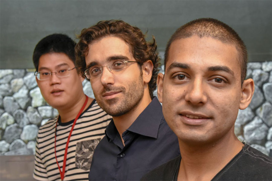 (From left to right) researchers Kang-Yu Chu, Riccardo Funari, and Nikhil Bhalla brought together their diverse skills to tackle biofilms. Courtesy of OIST.