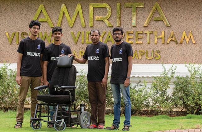 Self-E team: (<b>from left</b>) Akhil Raj, Raviteja Chinta, professor Rajesh Kannan Megalingam, and Sarath Sreekanth