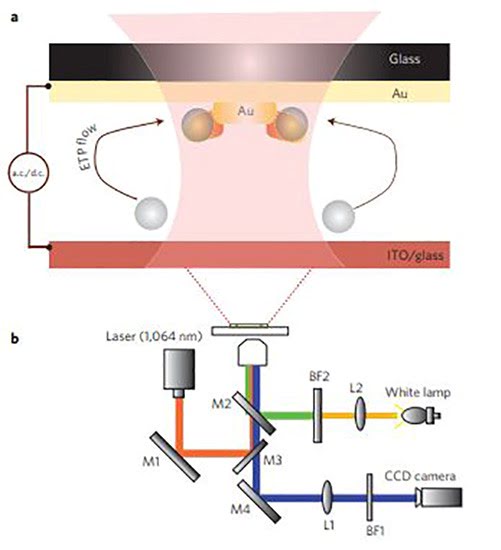 This image shows plasmonic nanotweezers for the lab-on-a-chip technology and the experimental setup used for excitation of the plasmonic nanostructure and imaging of the motion of suspended tracer particles. Courtesy of Purdue University.