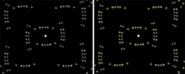Figure 5. A sample DOE dot pattern before (left) and after (right) analysis using automatic dot detection in TrueTest software. The software measures maximum peak (strongest emitter), maximum peak location (inclination/azimuth), maximum peak averages, maximum peak solid angle, number of pixels as maximum peak point, spot-power uniformity (between dots), total and DOE flux, along with dot-by-dot measurements. Courtesy of Radiant Vision Systems.