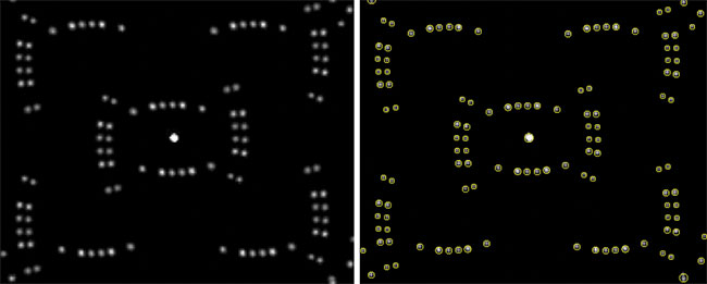 Figure 5. A sample DOE dot pattern before (left) and after (right) analysis using automatic dot detection in TrueTest software. The software measures maximum peak (strongest emitter), maximum peak location (inclination/azimuth), maximum peak averages, maximum peak solid angle, number of pixels as maximum peak point, spot-power uniformity (between dots), total and DOE flux, along with dot-by-dot measurements. Courtesy of Radiant Vision Systems.