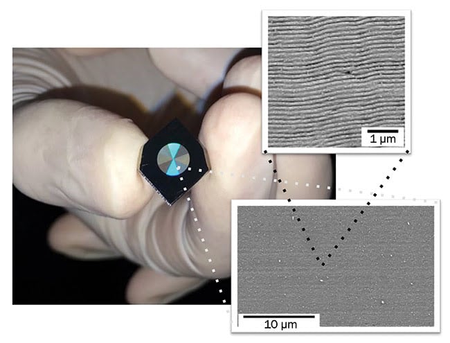 Figure 4. Segmented waveplate fabricated with LIPSS nanopatterns of different orientations in order to convert linearly polarized beams to radially polarized (vortex) beams. Courtesy of Noemi Casquero/CEIT.