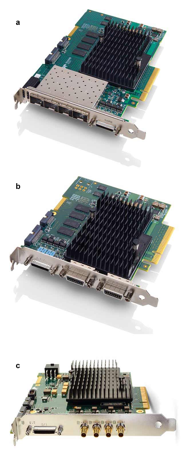Figure 1. High-speed frame grabbers are available for CLHS, supporting two levels of throughput with plug-in fiber cables (a, b), and for CXP over coaxial cable (c). Courtesy of Teledyne DALSA.