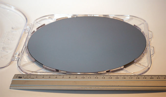 A 200-mm GaN-on-Si (gallium nitride on silicon) epiwafer that can be used in making micro-LEDs.