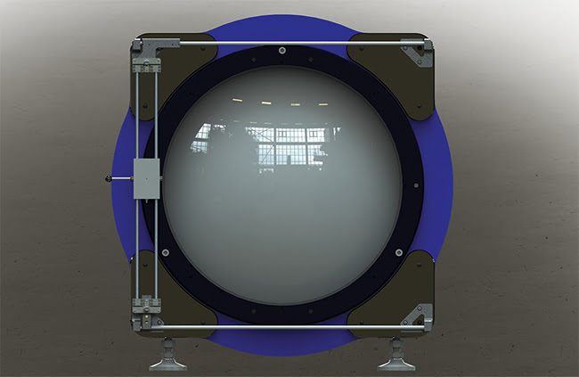 Figure 4. Gantry-type alignment laser setup. The gray rectangle contains an alignment laser that can be moved to any part of the 600-mm aperture. Courtesy of 4D Technology Corp.