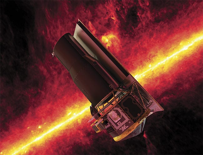  Figure 1. The Spitzer Space Telescope seen against the IR sky. The band of light is the glowing dust emission from the Milky Way galaxy seen at 100 µm (as seen by the IRAS and COBE missions). Courtesy of NASA/JPL-Caltech. 