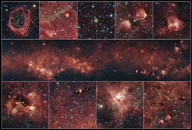  Figure 2. In this panoramic image from the GLIMPSE 360 project (center row), a plethora of stellar activity in the Milky Way’s galactic plane, reaching to the far side of our galaxy, is exposed. This image spans 9° of sky. The red clouds indicate the presence of large organic molecules that have been illuminated by nearby star formation. The patches of black are dense, obscuring dust clouds. The IR images were captured with Spitzer’s IRAC. Courtesy of NASA/JPL-Caltech. 
