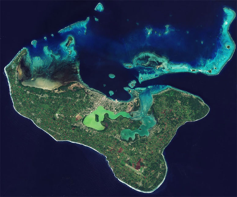 Coral reefs of Tonga viewed from space. Courtesy of Copernicus Sentinel data processed by ESA.