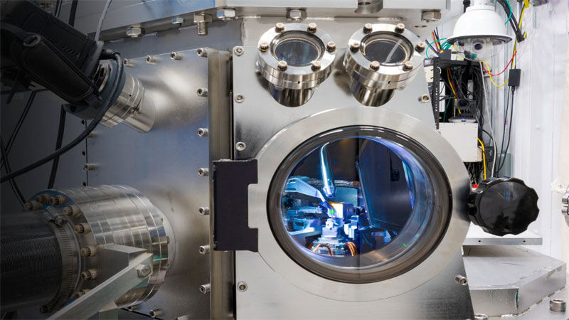 Looking into the hard X-ray nanoprobe synchrotron chamber while measuring a response of an individual cuprous oxide particle to the exposure of carbon dioxide, water, and light. Courtesy of Tijana Rajh/Argonne National Laboratory.