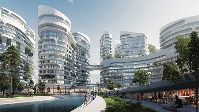 Figure 3. A rendering of the Rublyovo-Arkhangelskoye smart city, which could provide 800,000 sq m of office space for the booming financial, legal, and auditing industries of Moscow. Construction on a 12-mile railway line to Moscow is expected to begin in 2020. Courtsey of Zaha Hadid Architects/Flying Architecture.
