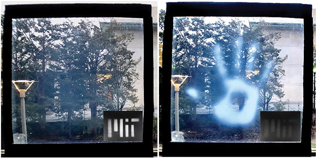 Figure 6. At warm temperatures, demonstrated in a handprint on a cold day, smart windows coated with a thin film of tailored hydrogel microparticles automatically change their internal structure and reject IR light and heat in order to cool the room, reducing the energy required to cool buildings. Courtsey of X. Li/MIT. 