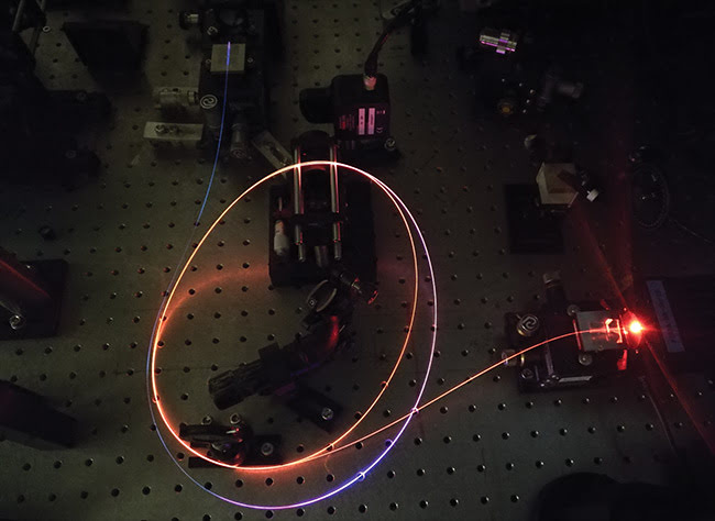 Figure 1. Antiresonant hollow-core fiber is delivering 300-fs ultrafast laser pulses with average power up to 1 W. The glowing of fiber comes from the supercontinuum generated by laser pump in the air of the hollow core. Courtesy of Heriot-Watt University.