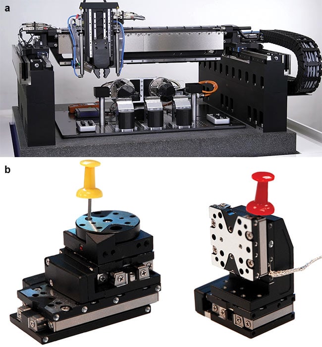 Figure 1. Gantry positioning systems today are available with linear motors and absolute encoders, providing nanometer-scale resolution (a). Matchbox-sized nanopositioning stages based on piezo motor technology (b). Courtsey of Physik Instrumente.