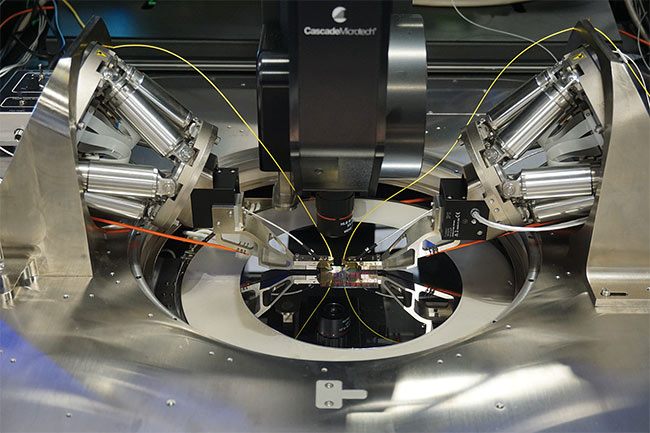 Figure 3. A photonics-enabled wafer prober integrates a multichannel photonics alignment system based on hexapods and parallel-kinematic piezo scanners for high-throughput optical probing of on-wafer silicon photonic devices. Courtsey of Cascade Microtech, division of FormFactor Inc.