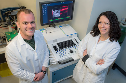 Dylan Lawrence, left, a graduate student in biomedical engineering, is part of assistant professor Carolyn Bayer’s research team. Courtesy of Sally Asher, Tulane University.