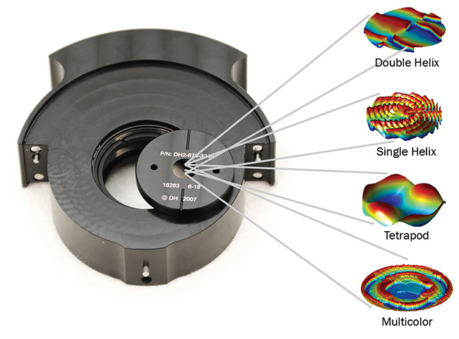 Figure 1. An optical phase plate in its holder, with point spread function (PSF) designs that can be etched on the phase plate. Courtesy of Double Helix Optics.