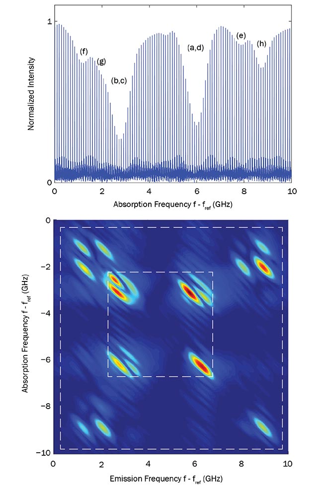  Figure 3. Frequency combs are used to measure transmission spectra of rubidium (Rb) vapor containing two isotopes of Rb. Absorption features (a-d) are due to 85Rb and (e-h) are due to 87Rb, but these are broad and overlapped in the one-dimensional spectrum (top). Frequency-comb-based MDCS is used to determine correlations between features isolating the two constituent species. The MDCS also reveals a narrower homogeneous linewidth than the Doppler-broadened linewidth measured with linear spectroscopy (bottom). Adapted from reference 5. Courtesy of Cundiff group/University of Michigan.