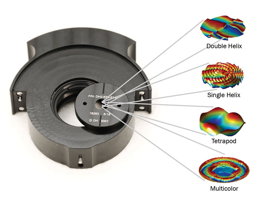 An optical phase plate in its holder, with point spread function (PSF) designs that can be etched on the phase plate. Courtesy of Double Helix Optics.