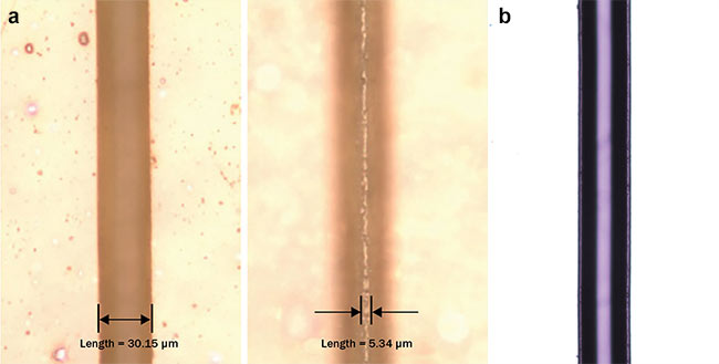 Figure 4. Picosecond UV laser cutting of polyimide (a) and polyethylene terephthalate (PET) films (b), which are commonly used in OLED displays. Courtesy of MKS Spectra-Physics. 