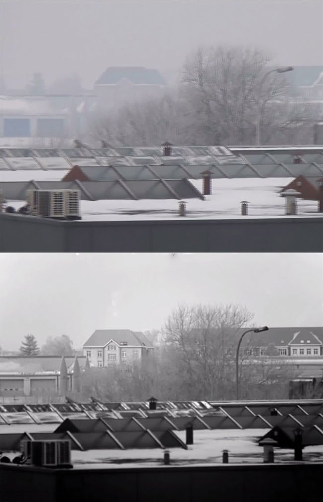 Details of buildings that are hidden by fog from visible imaging (top) are revealed by SWIR imaging (bottom). Courtesy of Xenics NV.