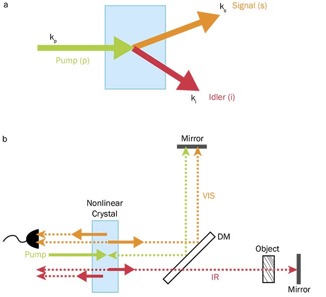 Figure 1. Nonlinear crystal produces signal and idler photons in the visible and IR ranges (a). With a nonlinear interferometer, downconverted photons are emitted collinearly, then split by a DM and reflected to the crystal. The returning pump generates another pair of photons. The intensity modulation of signal photons is detected (b). Courtesy of the Institute of Materials Research.