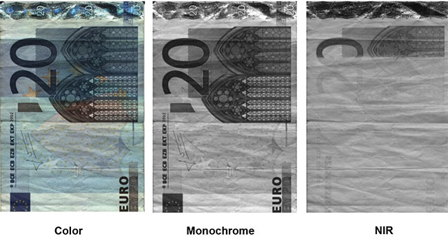 A euro banknote image, captured with a multispectral camera that features three different outputs: color, monochrome, and NIR. Light sources were white LEDs for color and monochrome, and 850-nm LEDs for NIR. Half of the architectural window image on the banknote was printed with IR security inks, which are invisible to the naked eye (shown in the color and monochrome images). With the light source at 850 nm, the NIR channel unveils the invisible features. Courtesy of Teledyne DALSA.