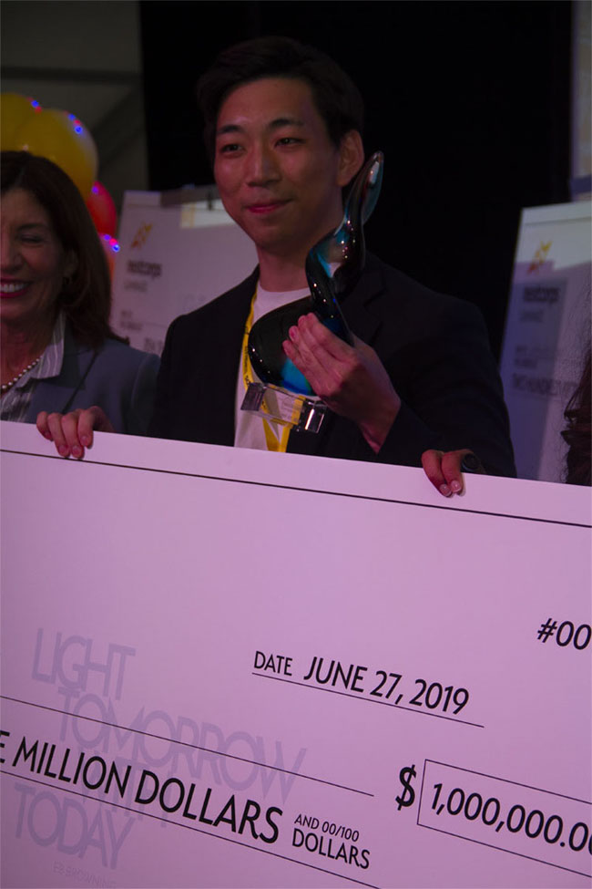Felix Kim, founder and CEO of Ovitz, the Luminate 2019 winner of the $1 million top prize, on the stage at the awards event in Rochester, N.Y. Courtesy of Manon Mirabelli.