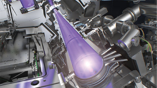 Artist’s rendering of the full optical path of an EUV scanner, which uses 13.5-nm wavelength light for semiconductor lithography (top). Artist’s rendering of an EUV source, which at 13.5-nm wavelength is invisible to the eye but crucial to production of advanced semiconductors (bottom). Courtesy of ASML.