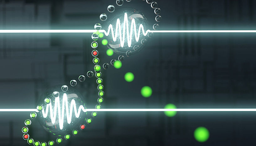 Artistic impression of entanglement detection. The stream of green and red lights represents the answers required by the protocol, thus revealing the presence of entanglement between photons. Courtesy of Rolando Barry/University of Vienna.
