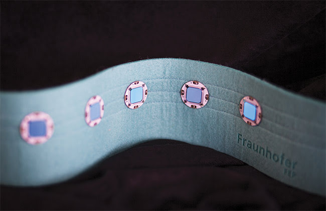 Figure 1. A flexible OLED attached to cloth using conductive yarn. Courtesy of Fraunhofer FEP. 
