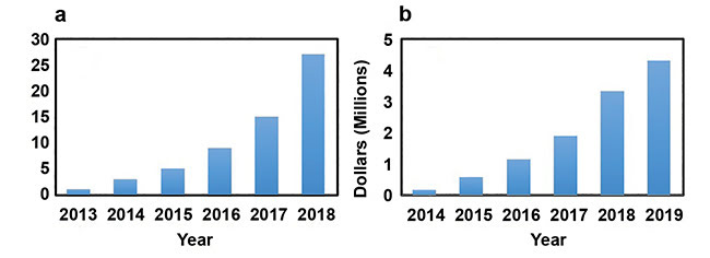 Figure 1. Number of scientific publications on VIS-OCT. Data obtained from Web of Science and Google Scholar (a). Annual NIH research support for VIS-OCT awarded by the end of 2018. Data obtained from NIH RePORT (b).