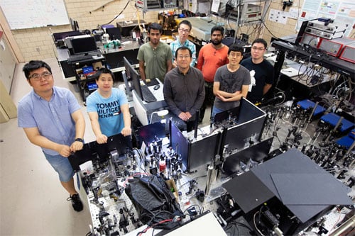 Jigang Wang and his research group use quantum terahertz spectroscopy to access, study, and control quantum states of matter. Courtesy of Christopher Gannon/Iowa State University.
