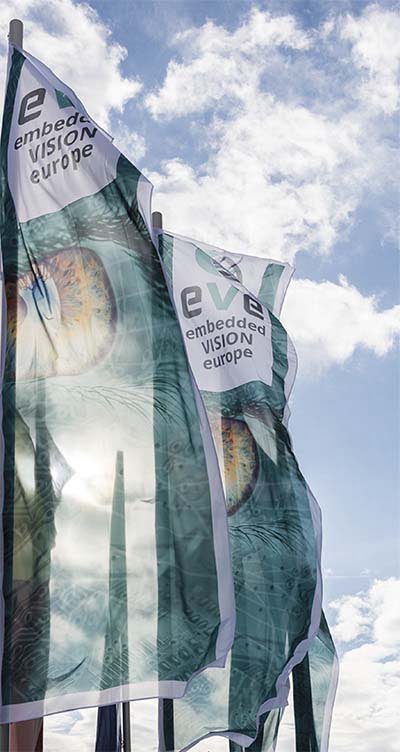 Embedded VISION Europe flags greet guests in 2017 as they arrive at the ICS International Congress Center Stuttgart. Courtesy of the European Machine Vision Association (EMVA).