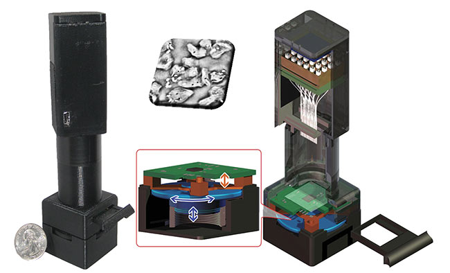A lens-free microscope that performs pixel-superresolution holographic on-chip lens-free microscopy in a hand-held design. It can image phase and amplitude information of transmissive samples (such as tissue samples, cells, pathogens, etc.) with a resolution that is better than the size of each pixel of the CMOS imaging chip. Courtesy Ozcan Lab/UCLA.