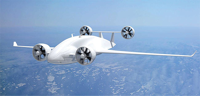 Figure 5. The Rhaegal eVTOL cargo-only pilotless drone is designed to carry a payload of up to 1000 lbs over 1150 miles over the Bering Sea in icy conditions or heavy crosswinds. The lidar system will have a range of 350 m. Courtesy of Sabrewing. 
