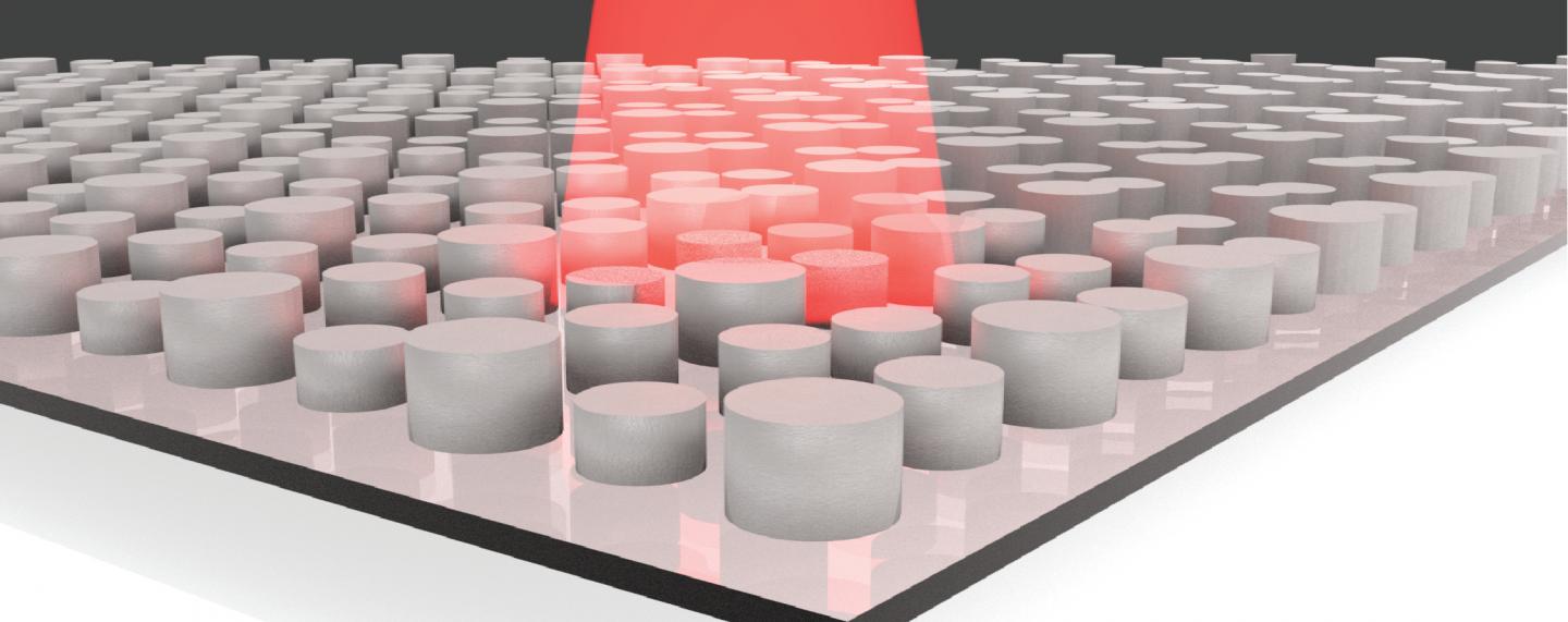 An illustration of a dielectric metamaterial with infrared light shining on it. Courtesy of Willie Padilla, Duke University.