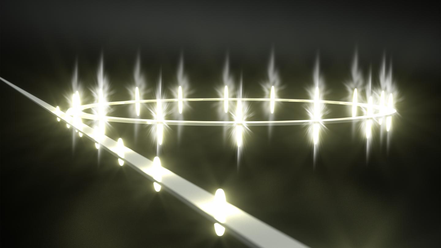 Light pulses in an optical microresonator forming a perfect soliton crystal. Courtesy of Second Bay Studios, EPFL.