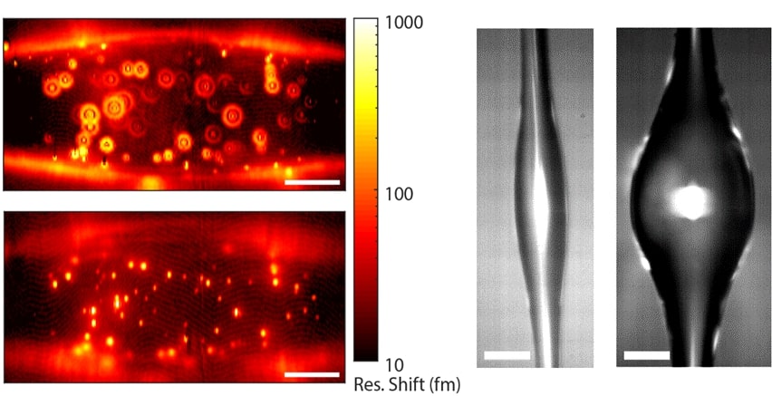 Left: Photothermal maps of a microbubble resonator, both out-of-focus (top), and in-focus (bottom). Scale bars 20µm.  Right: Optical micrographs of two microbubble resonators with different geometries. Scale bars 20um. Courtesy of ACS Nano.