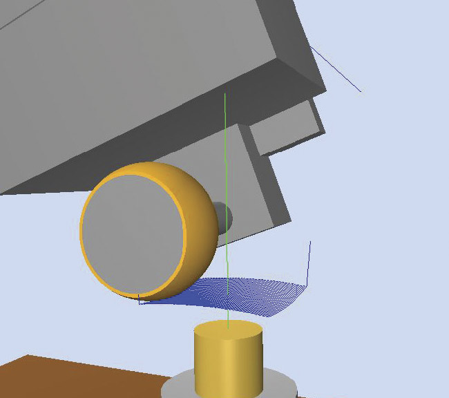 Machine simulation of a raster mode tool path (top). Tool path for raster mode machining (bottom). Production of freeform surfaces, in contrast to that of spherical lenses, is much more complex and requires a point contact between tool and workpiece. This, in turn, requires some overlap to ensure minimum removal. Smaller overlaps between workpiece and tool, however, increase the potential for transitions to adversely affect surface quality and the accuracy of the geometry. Due to the point contact, the lens must be machined in a raster mode, which requires care to ensure that the machining direction or the individual lines are not reflected in the workpiece. Courtesy of Satisloh.